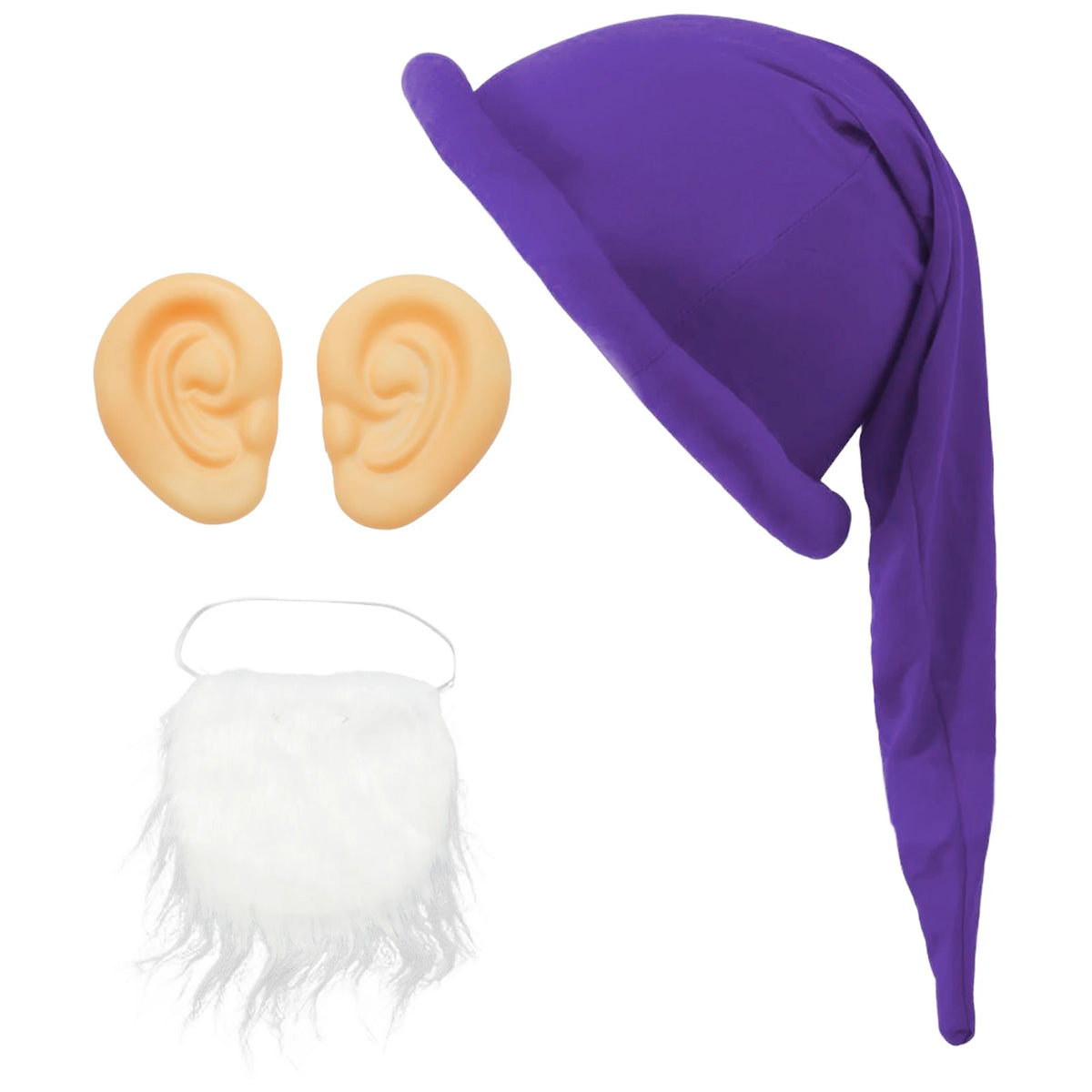 Christmas Dwarf Gnome Elf Cosplay Costume Accessories Padded Brim Hat with 1 Pair Ears White Beard Halloween Xmas Party Props