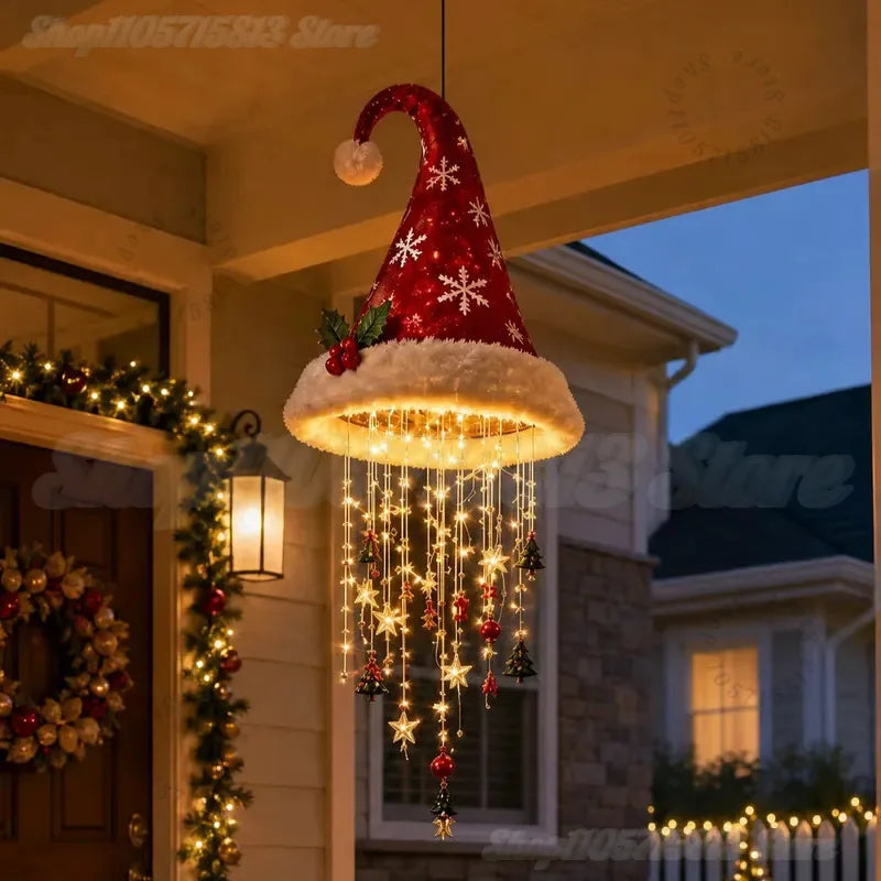 Lighted Santa Hat Hanging Chandelier,3 Styles Warm LED Christmas String Light with Festive Ornaments,Holiday Lighting Decor