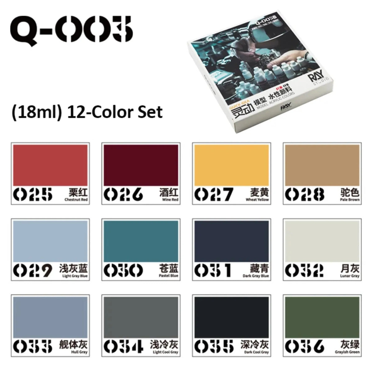 RAYSTUDIO 6ML/18ML Model Coloring 12-Bottle Acrylic Water-Based Paint Set for Gundam Scale Model DIY Hand Painting Pigment Tools