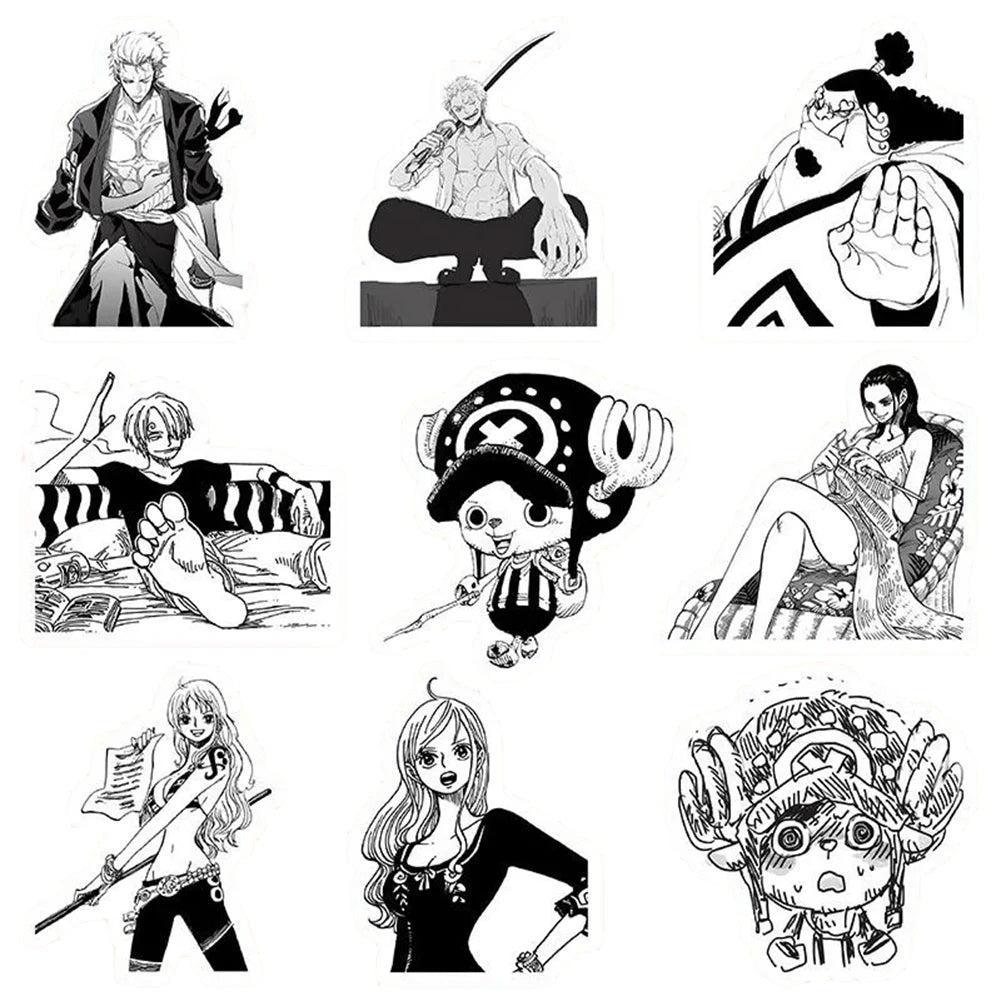 10/30/50/100pcs Black White Anime ONE PIECE Stickers Cartoon Luffy Zoro Sticker Toys DIY Waterproof Cool Manga Decals Decoration