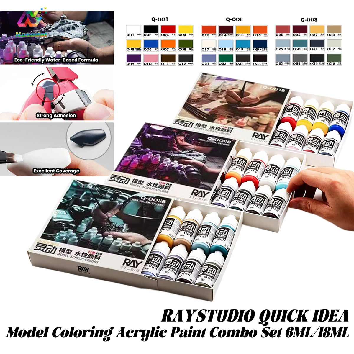 RAYSTUDIO 6ML/18ML Model Coloring 12-Bottle Acrylic Water-Based Paint Set for Gundam Scale Model DIY Hand Painting Pigment Tools