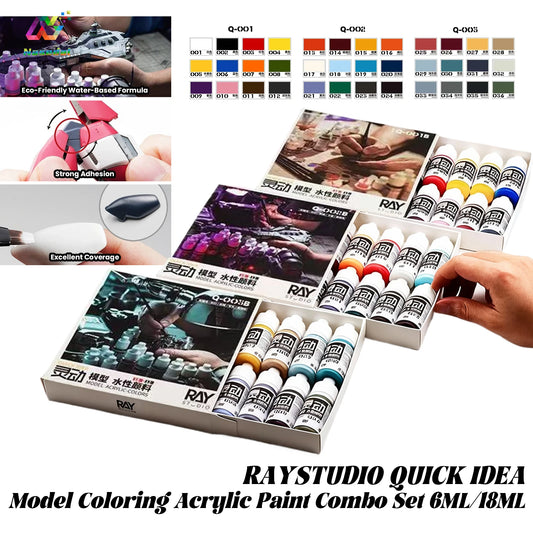 RAYSTUDIO 6ML/18ML Model Coloring 12-Bottle Acrylic Water-Based Paint Set for Gundam Scale Model DIY Hand Painting Pigment Tools