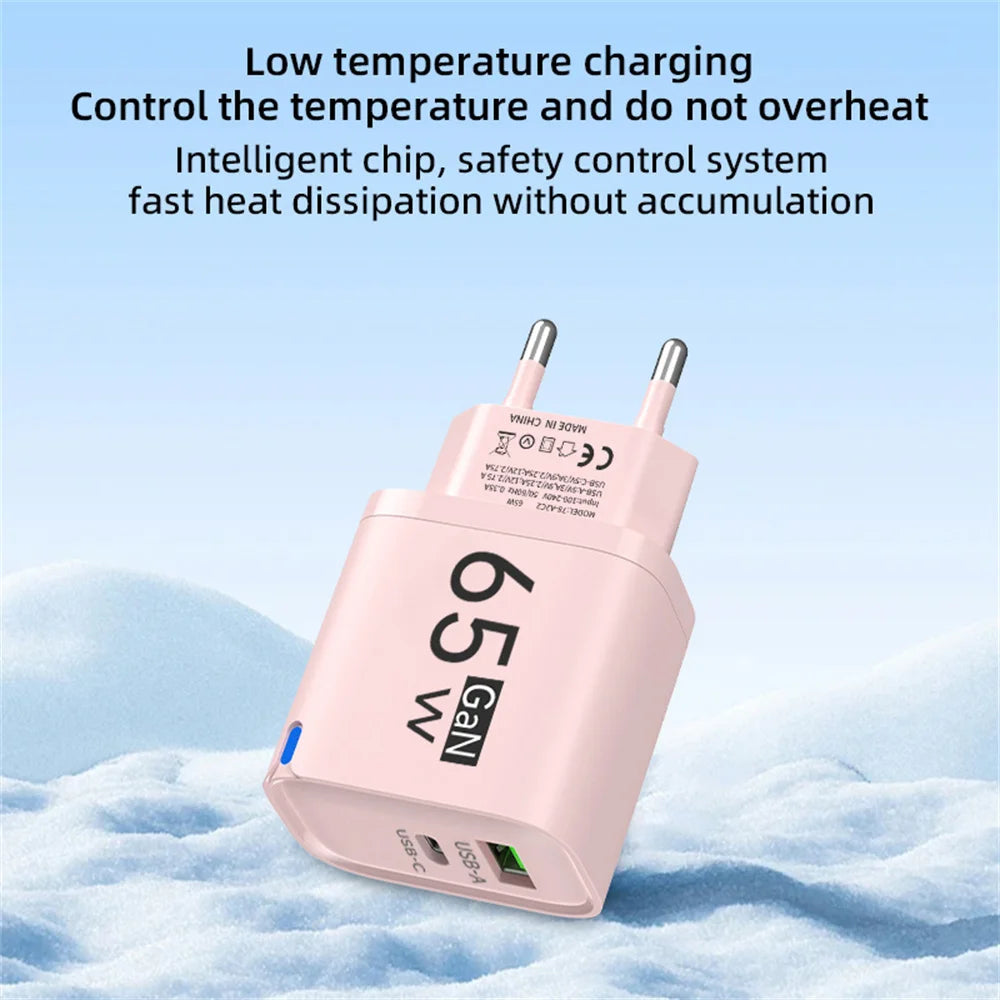 PD 65W USB Fast Charging 2 In 1 Charger Type C Quick Charge Charger For iPhone Xiaomi Huawei Samsung Mobile Phone Wall Adapter