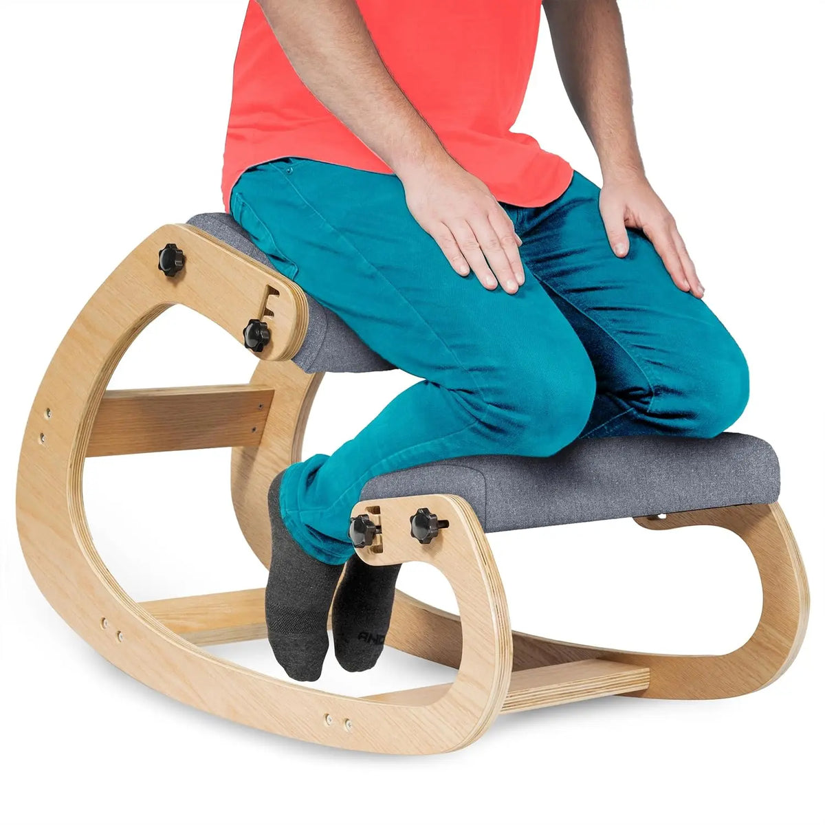Ergonomic Wooden Kneeling Chair Adjustable Office Stool Rocking Feature Desk Chair for Back Pain Relief Grey Posture Pilates