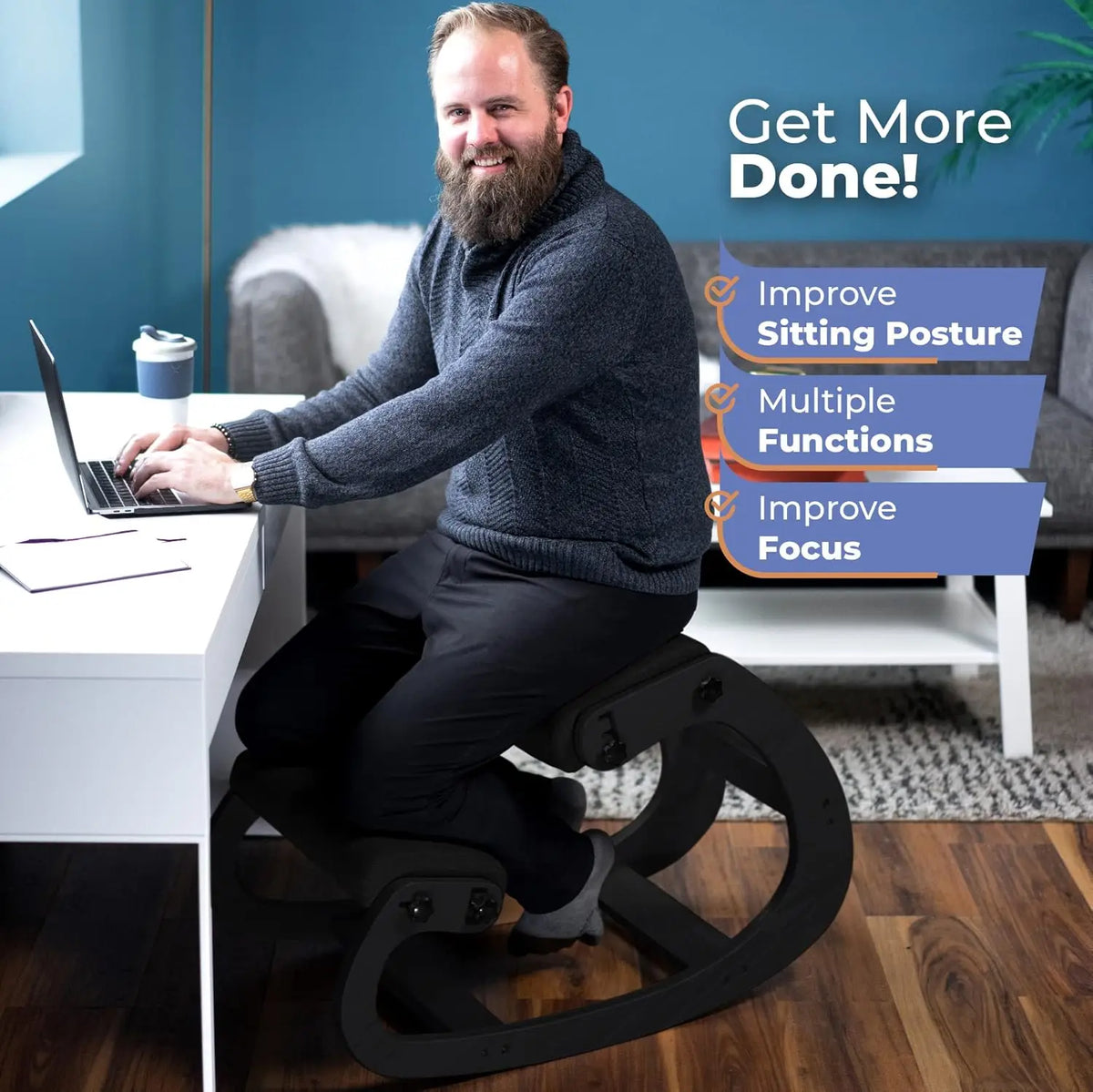 Ergonomic Wooden Kneeling Chair Adjustable Office Stool Rocking Feature Desk Chair for Back Pain Relief Grey Posture Pilates