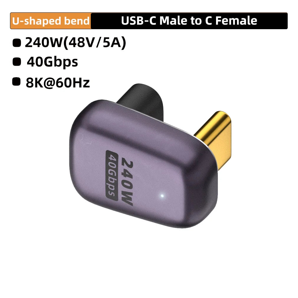 USB4.0 40Gbps U-Shape Straight Angle 240W 5A USB C to Type C Fast Charging Converter USB C Data Adapter For Macbook 8K60HZ