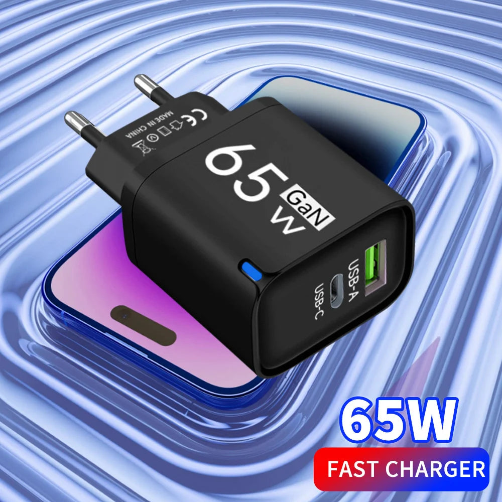 PD 65W USB Fast Charging 2 In 1 Charger Type C Quick Charge Charger For iPhone Xiaomi Huawei Samsung Mobile Phone Wall Adapter
