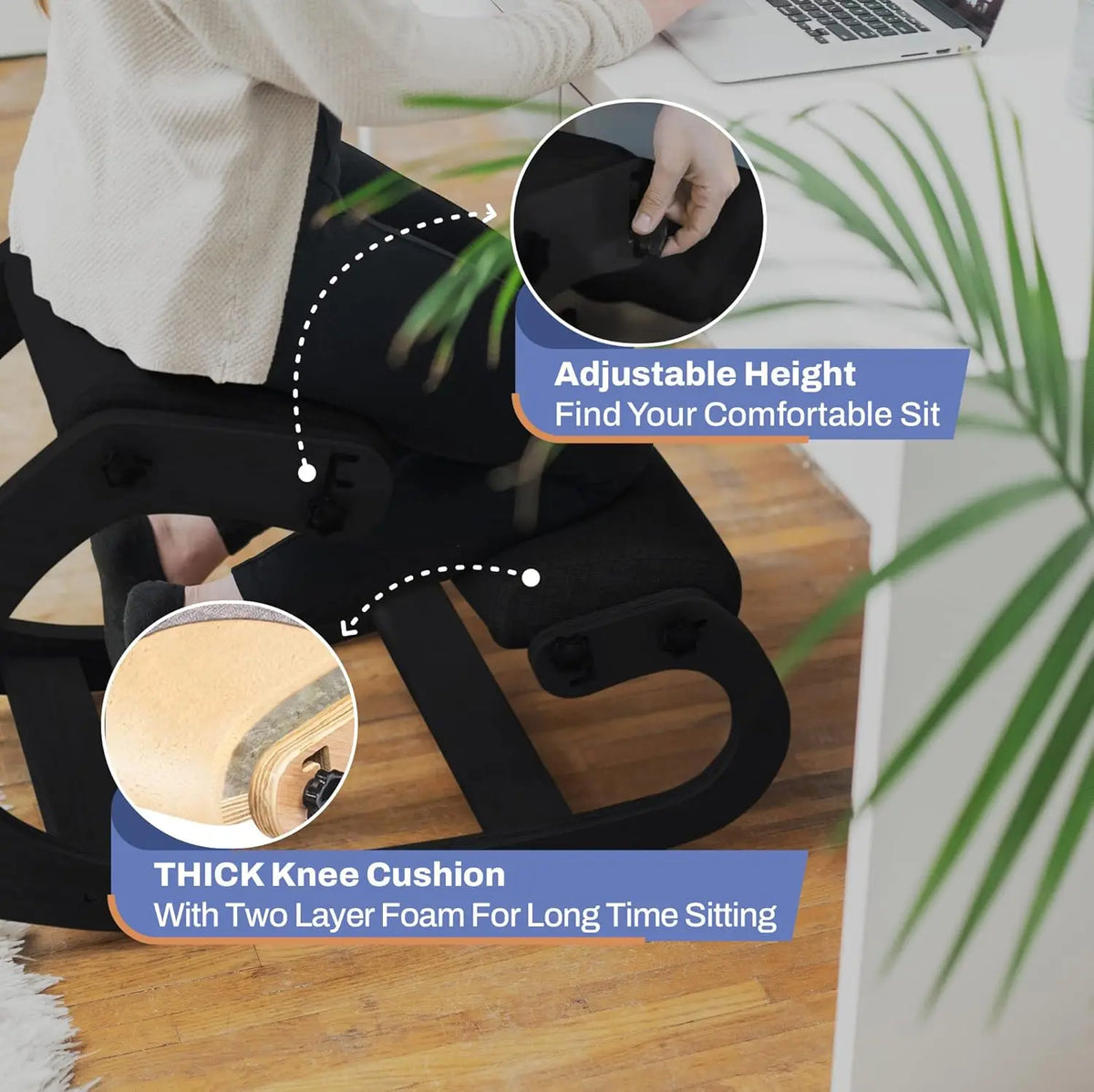 Ergonomic Wooden Kneeling Chair Adjustable Office Stool Rocking Feature Desk Chair for Back Pain Relief Grey Posture Pilates