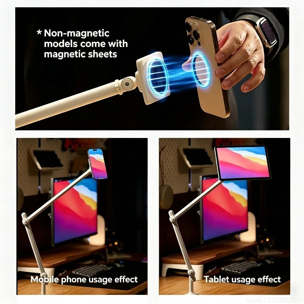 Magnetic Phone & Tablet Stand Adjustable Desk Clamp Arm 360° Rotating Aluminum Holder for iPhone iPad Overhead Lazy Mount